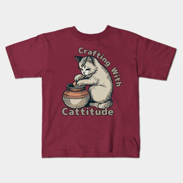 Cattitude Pottery Cat Lady Kids T-Shirt by Japanese Fever